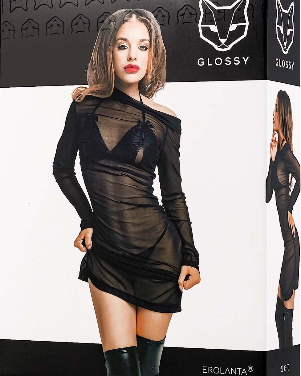 Glossy – Sheril – set (dress – bra + panties) – wetlook – black